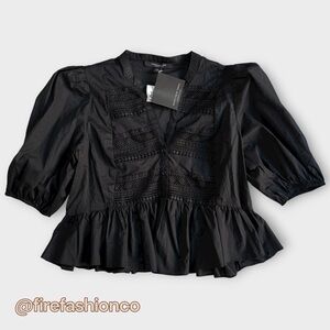 Marc New York Black Puff Sleeve Lace-Trim Peplum Blouse